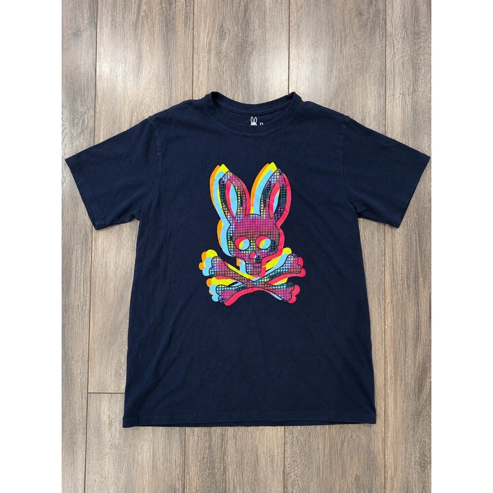 Psycho Bunny Mens Small Black Multicolor Skull Crossbones Graphic T Shirt
